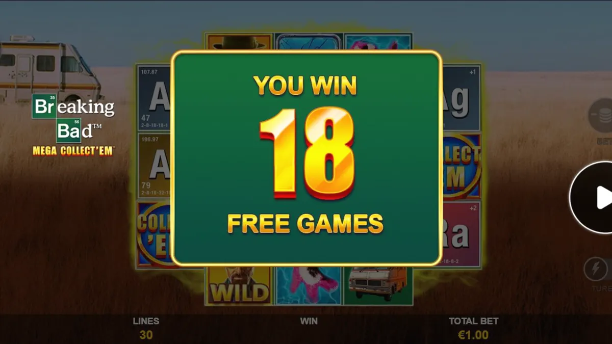 Interface do jogo de slot Breaking Bad Mega Collect’Em com elementos temáticos da série