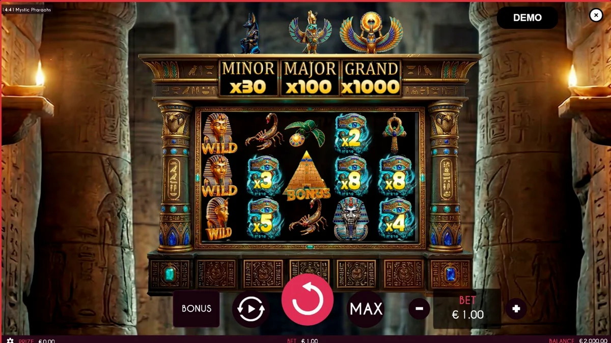 Interface do jogo de slot Mystic Pharaoh com símbolos egípcios e rolos dourados